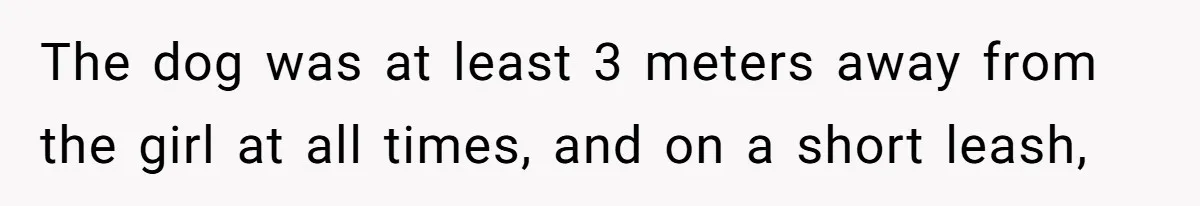 The dog was at least 3 meters away from the girl at all times, and on a short leash,