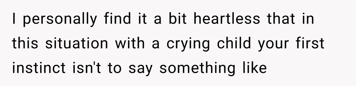 I personally find it a bit heartless that in this situation with a crying child your first instinct isn't to say something like