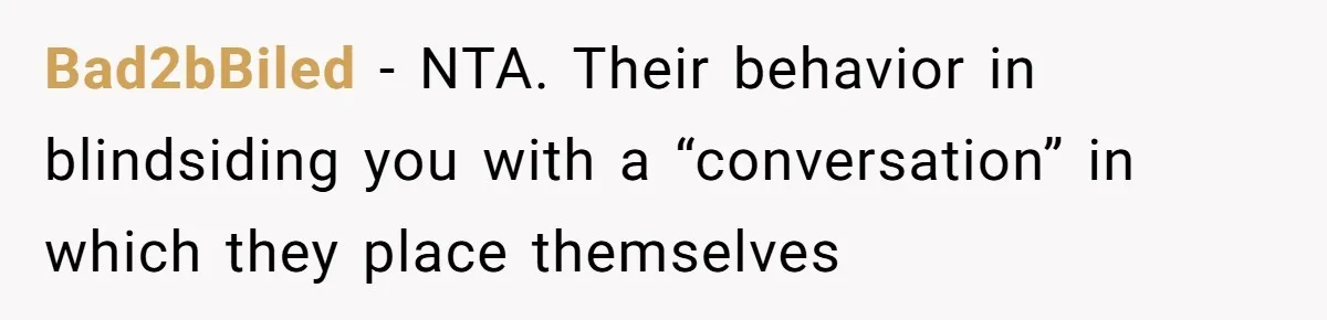 Bad2bBiled − NTA. Their behavior in blindsiding you with a “conversation” in which they place themselves