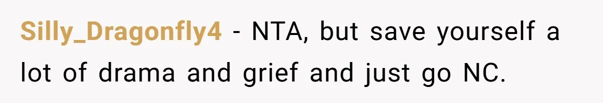 Silly_Dragonfly4 − NTA, but save yourself a lot of drama and grief and just go NC.