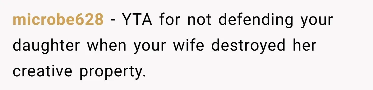 microbe628 − YTA for not defending your daughter when your wife destroyed her creative property.