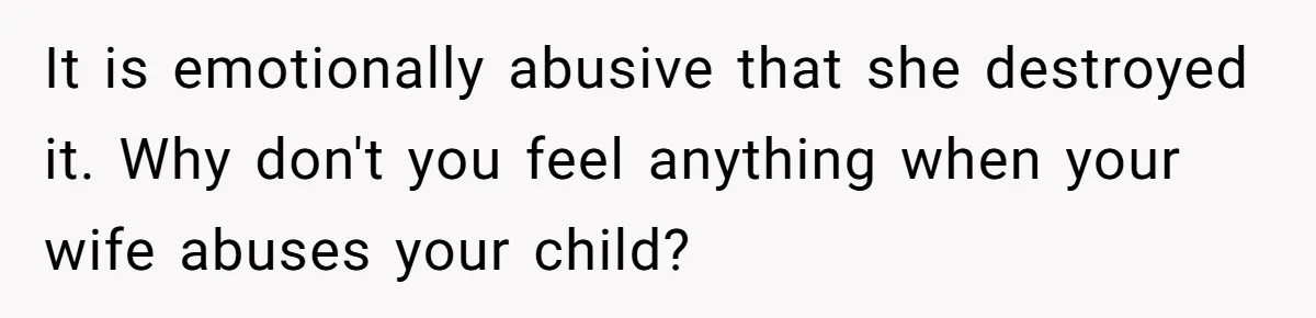 It is emotionally abusive that she destroyed it. Why don't you feel anything when your wife abuses your child?