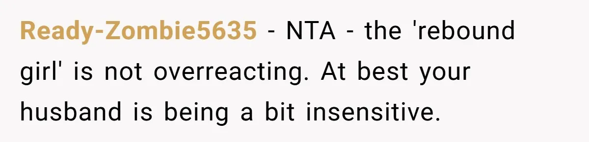 Ready-Zombie5635 − NTA - the 'rebound girl' is not overreacting. At best your husband is being a bit insensitive.
