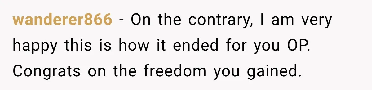 wanderer866 − On the contrary, I am very happy this is how it ended for you OP. Congrats on the freedom you gained.