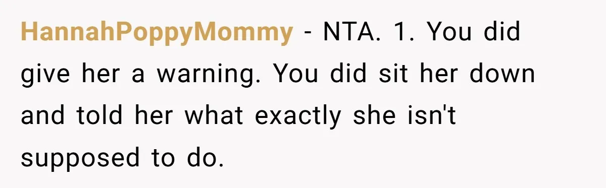 HannahPoppyMommy − NTA. 1. You did give her a warning. You did sit her down and told her what exactly she isn't supposed to do.