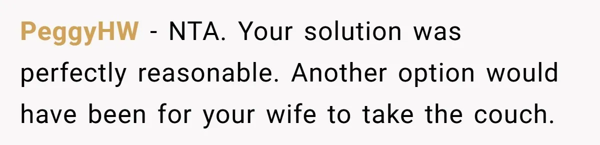PeggyHW − NTA. Your solution was perfectly reasonable. Another option would have been for your wife to take the couch.