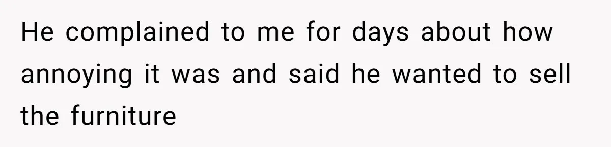 Man Throws His Wife Under The Bus To His Family, Gets Angry When She Finds Out He complained to me for days about how annoying it was and said he wanted to sell the furniture