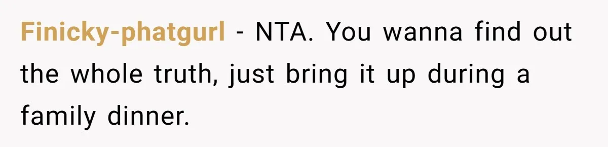 Man Throws His Wife Under The Bus To His Family, Gets Angry When She Finds Out Finicky-phatgurl − NTA. You wanna find out the whole truth, just bring it up during a family dinner.