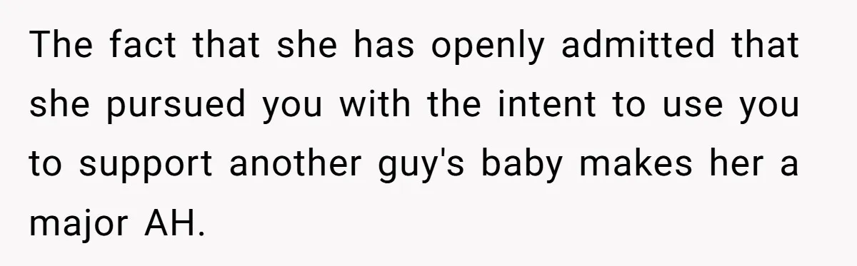 He Went On A Few Dates, Then She Got Pregnant By Someone Else And Expected Him To Step Up The fact that she has openly admitted that she pursued you with the intent to use you to support another guy's baby makes her a major AH.