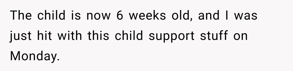He Went On A Few Dates, Then She Got Pregnant By Someone Else And Expected Him To Step Up The child is now 6 weeks old, and I was just hit with this child support stuff on Monday.