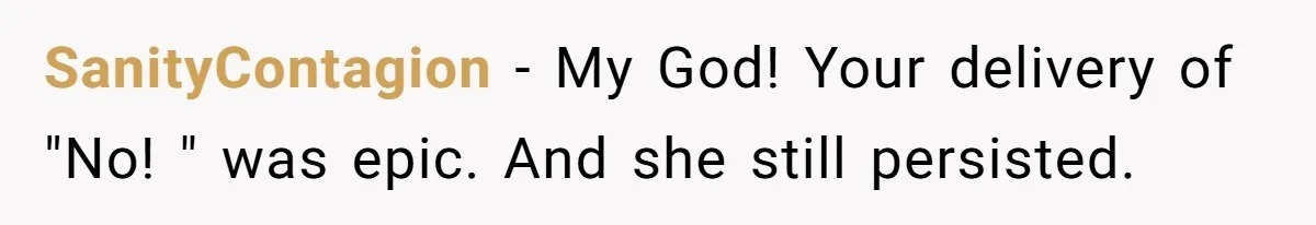 SanityContagion − My God! Your delivery of "No! " was epic. And she still persisted.