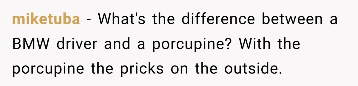 miketuba − What's the difference between a BMW driver and a porcupine? With the porcupine the pricks on the outside.