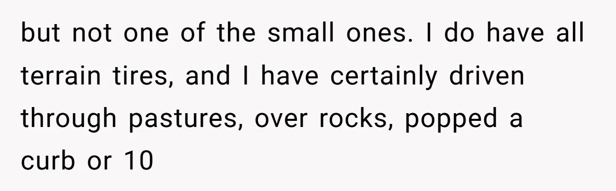 but not one of the small ones. I do have all terrain tires, and I have certainly driven through pastures, over rocks, popped a curb or 10