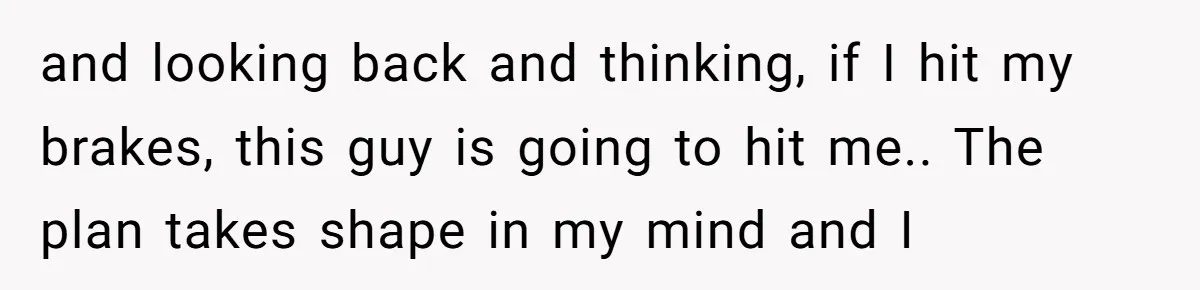 and looking back and thinking, if I hit my brakes, this guy is going to hit me.. The plan takes shape in my mind and I