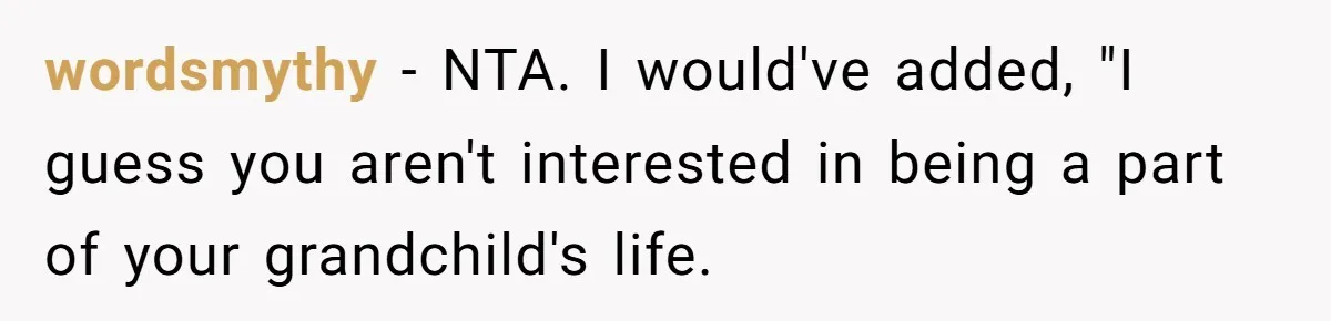 wordsmythy - NTA. I would've added, "I guess you aren't interested in being a part of your grandchild's life.