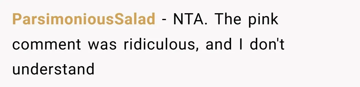 ParsimoniousSalad - NTA. The pink comment was ridiculous, and I don't understand