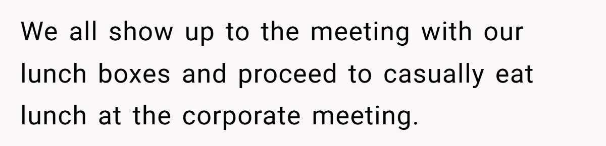 We all show up to the meeting with our lunch boxes and proceed to casually eat lunch at the corporate meeting.