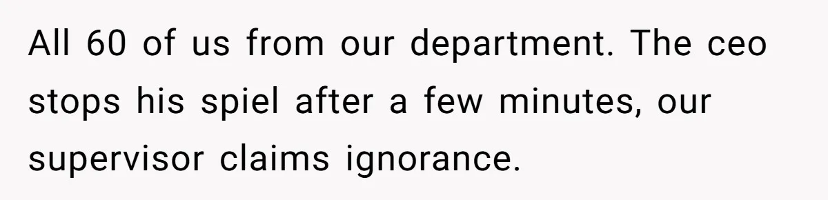 All 60 of us from our department. The ceo stops his spiel after a few minutes, our supervisor claims ignorance.