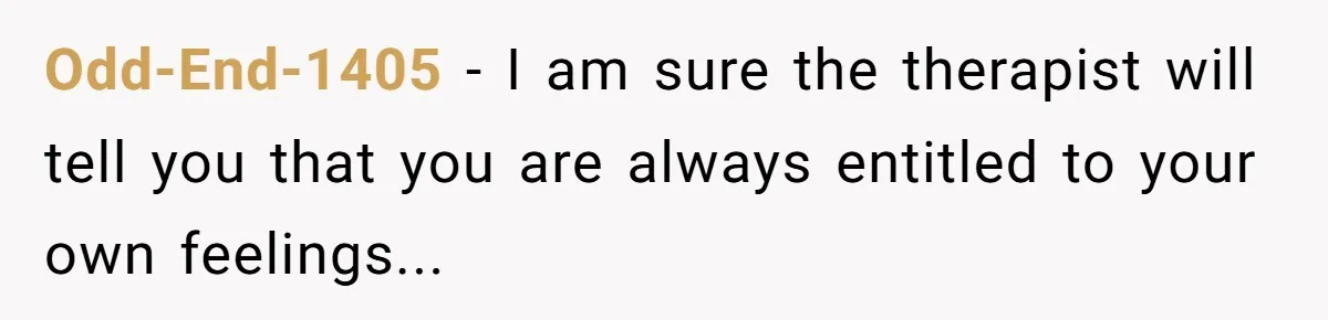 Odd-End-1405 − I am sure the therapist will tell you that you are always entitled to your own feelings...