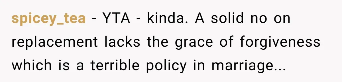 spicey_tea − YTA - kinda. A solid no on replacement lacks the grace of forgiveness which is a terrible policy in marriage...