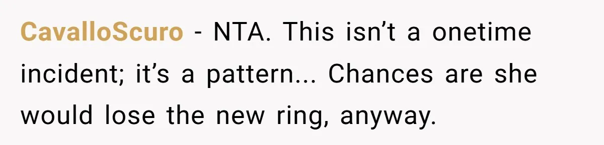 CavalloScuro − NTA. This isn’t a onetime incident; it’s a pattern... Chances are she would lose the new ring, anyway.
