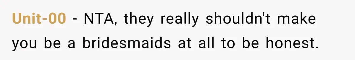Unit-00 − NTA, they really shouldn't make you be a bridesmaids at all to be honest.