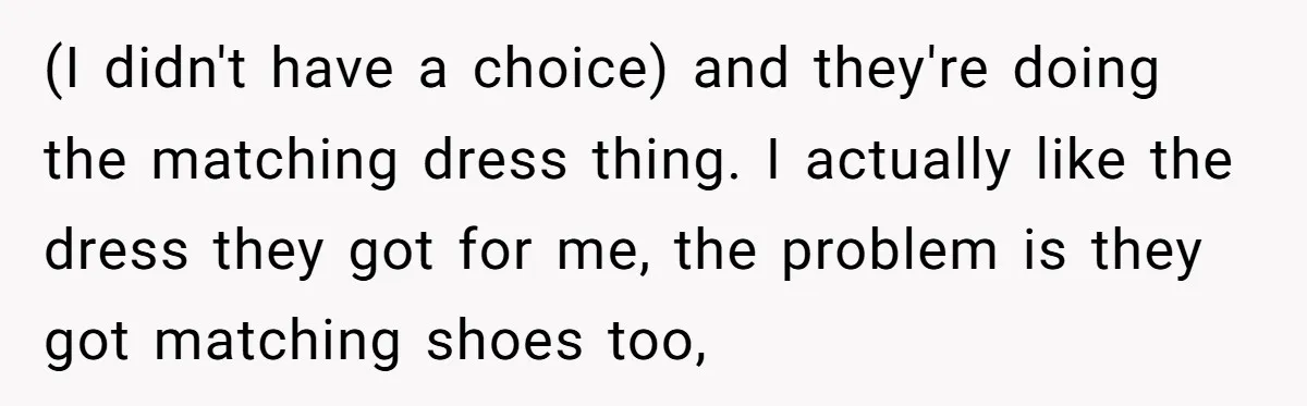 (I didn't have a choice) and they're doing the matching dress thing. I actually like the dress they got for me, the problem is they got matching shoes too,