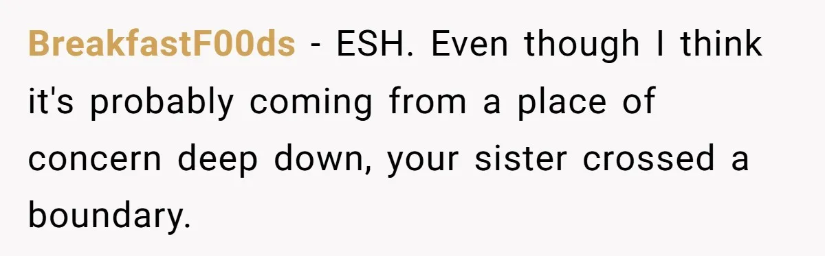 BreakfastF00ds - ESH. Even though I think it's probably coming from a place of concern deep down, your sister crossed a boundary.