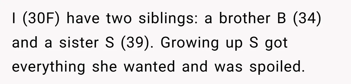 I (30F) have two siblings: a brother B (34) and a sister S (39). Growing up S got everything she wanted and was spoiled.