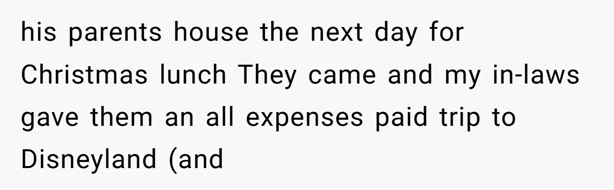 his parents house the next day for Christmas lunch They came and my in-laws gave them an all expenses paid trip to Disneyland (and