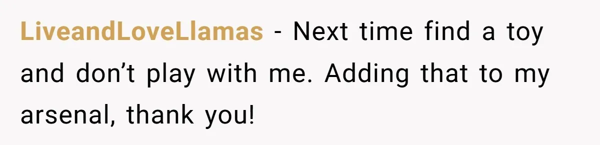 LiveandLoveLlamas − Next time find a toy and don’t play with me. Adding that to my arsenal, thank you!