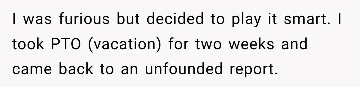 I was furious but decided to play it smart. I took PTO (vacation) for two weeks and came back to an unfounded report.