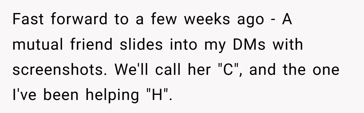 Fast forward to a few weeks ago - A mutual friend slides into my DMs with screenshots. We'll call her "C", and the one I've been helping "H".