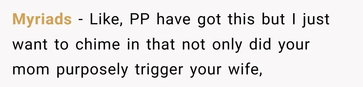 Myriads − Like, PP have got this but I just want to chime in that not only did your mom purposely trigger your wife,