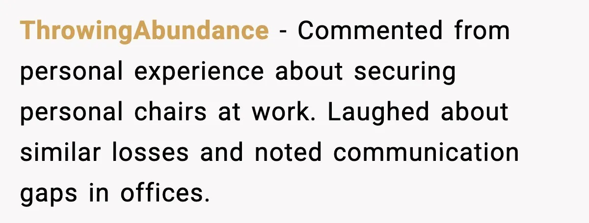 ThrowingAbundance - Commented from personal experience about securing personal chairs at work. Laughed about similar losses and noted communication gaps in offices.