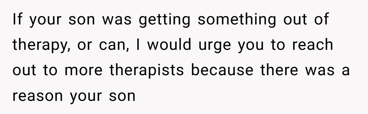 If your son was getting something out of therapy, or can, I would urge you to reach out to more therapists because there was a reason your son