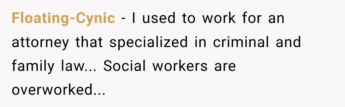Floating-Cynic - I used to work for an attorney that specialized in criminal and family law... Social workers are overworked...