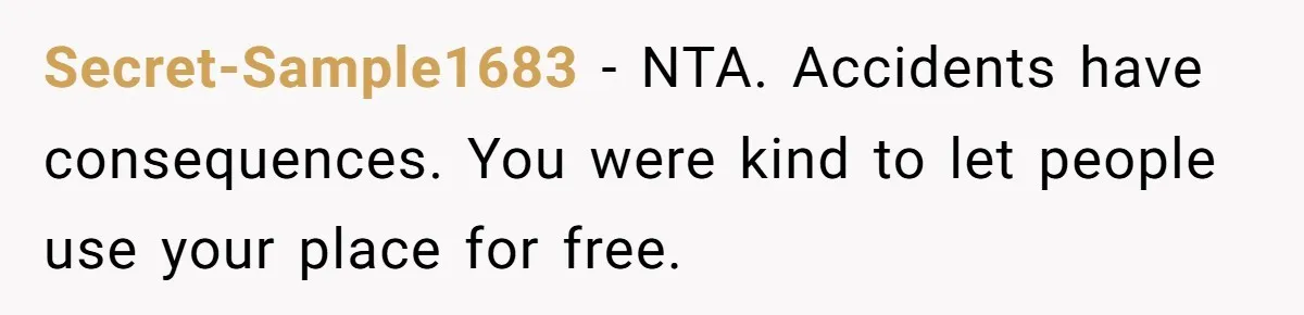Secret-Sample1683 − NTA. Accidents have consequences. You were kind to let people use your place for free.