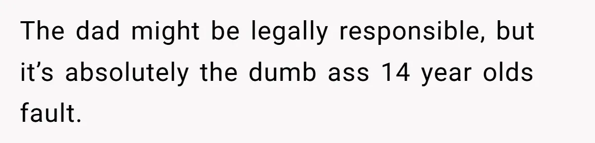 The dad might be legally responsible, but it’s absolutely the dumb ass 14 year olds fault.