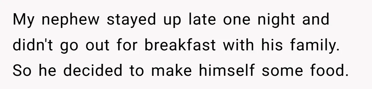 My nephew stayed up late one night and didn't go out for breakfast with his family. So he decided to make himself some food.