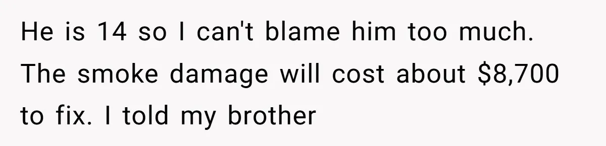 He is 14 so I can't blame him too much. The smoke damage will cost about $8,700 to fix. I told my brother