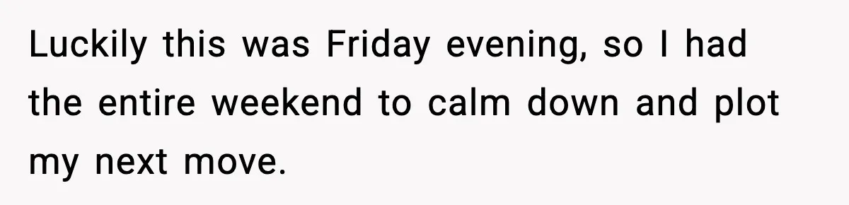 Luckily this was Friday evening, so I had the entire weekend to calm down and plot my next move.