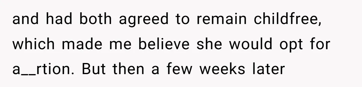 and had both agreed to remain childfree, which made me believe she would opt for a__rtion. But then a few weeks later