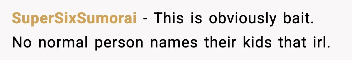 SuperSixSumorai − This is obviously bait. No normal person names their kids that irl.