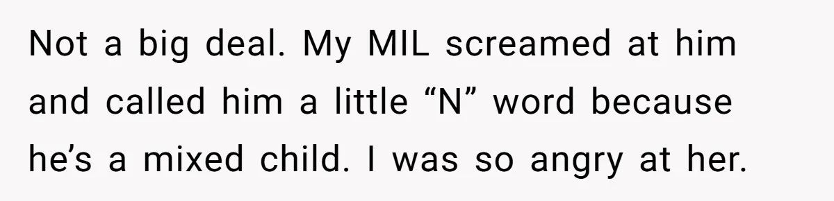 Not a big deal. My MIL screamed at him and called him a little “N” word because he’s a mixed child. I was so angry at her.