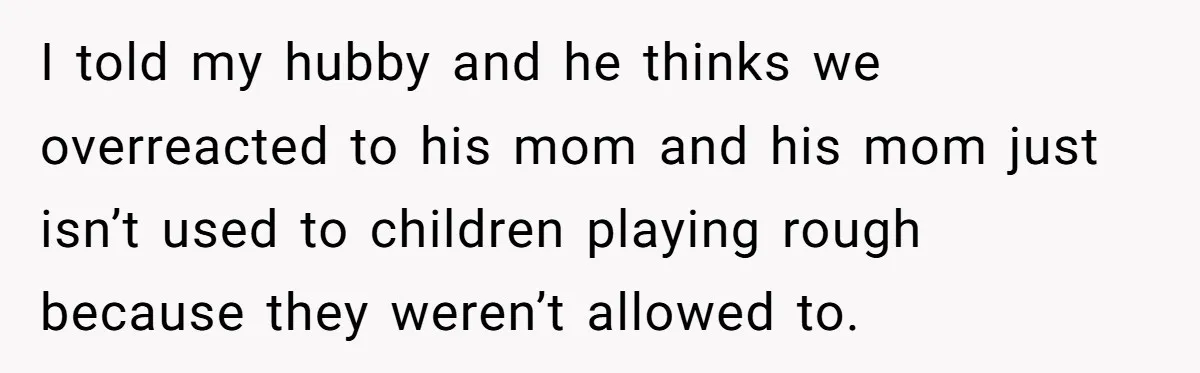 I told my hubby and he thinks we overreacted to his mom and his mom just isn’t used to children playing rough because they weren’t allowed to.