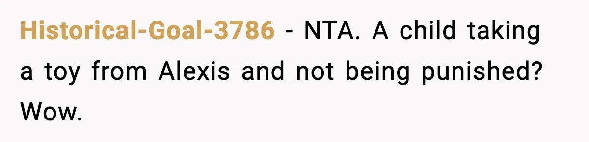 Historical-Goal-3786 − NTA. A child taking a toy from Alexis and not being punished? Wow.