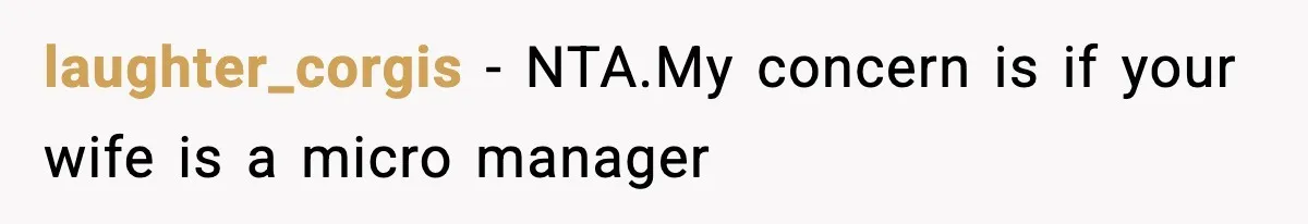 laughter_corgis − NTA.My concern is if your wife is a micro manager