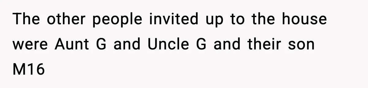 Teen Refuses To Share Room With Four Young Children, Family Loses Free Babysitting And Boat Access The other people invited up to the house were Aunt G and Uncle G and their son M16