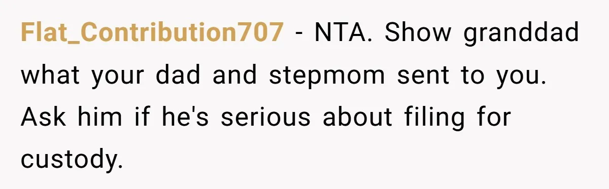 A Teen’s Lodge Trip Sparks a Major Holiday Crisis with Her Blended Family Flat_Contribution707 − NTA. Show granddad what your dad and stepmom sent to you. Ask him if he's serious about filing for custody.